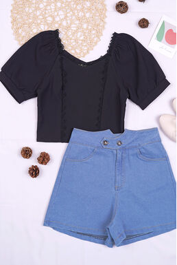 Square Neck Lace Trim Cuff Sleeve Top & Denim Short Pants Set (Black+Light Denim)